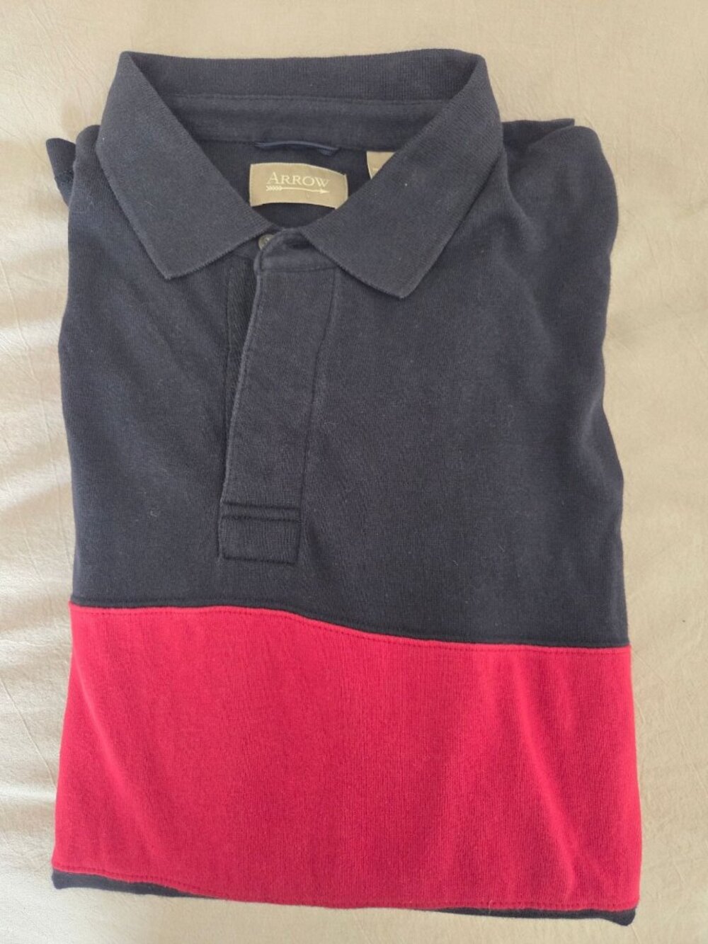 Arrow Mens LS Rugby Polo Shirt L Navy Red Color Block Stripe VTG Normcore bloke - Picture 7 of 7